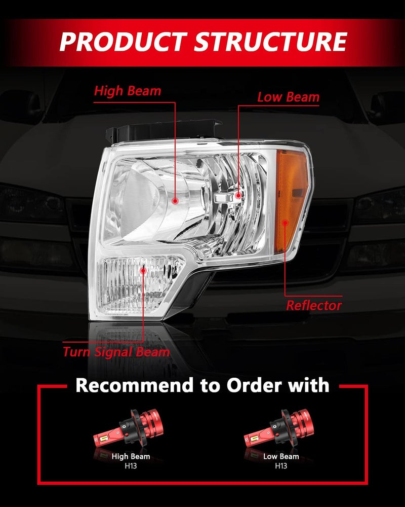Torchbeam Headlight Assembly from Headlamp Replacement for F150 (except SVT Raptor) 2009 2010 2011 2012 2013 2014, Driver and Passenger Side - Image 5